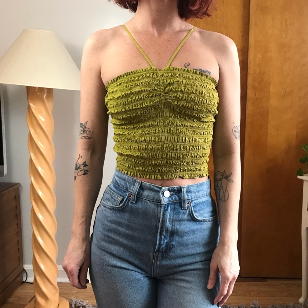 Madewell Chartreuse Green Smocked Sleeveless Cropped Sleeveless Top